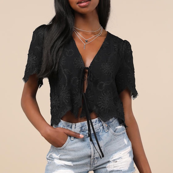Lulus Vintage Aesthetic Black Embroidered Tie-front Fringe Hem Top - Size M - Picture 1 of 1
